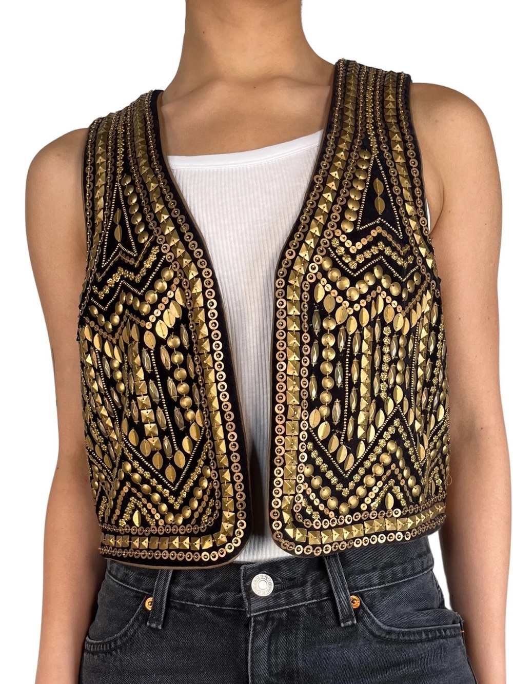 RAPSODIA Embellished Black & Gold Sleeveless Vest